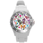 Butterflies, Abstract, Colorful, Floral, Flowers Round Plastic Sport Watch (L)