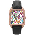 Butterflies, Abstract, Colorful, Floral, Flowers Rose Gold Leather Watch 