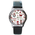 Christmas Characters Pattern, Xmas Backgrounds Round Metal Watch