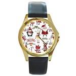 Christmas Characters Pattern, Xmas Backgrounds Round Gold Metal Watch