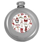 Christmas Characters Pattern, Xmas Backgrounds Round Hip Flask (5 oz)