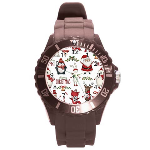 Christmas Characters Pattern, Xmas Backgrounds Round Plastic Sport Watch (L) from ArtsNow.com Front