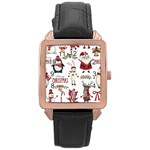 Christmas Characters Pattern, Xmas Backgrounds Rose Gold Leather Watch 