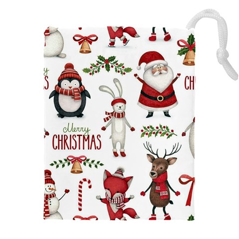 Christmas Characters Pattern, Xmas Backgrounds Drawstring Pouch (5XL) from ArtsNow.com Front