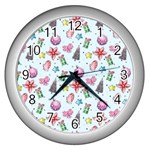 Christmas Decorations Pattern, Xmas Backgrounds Wall Clock (Silver)