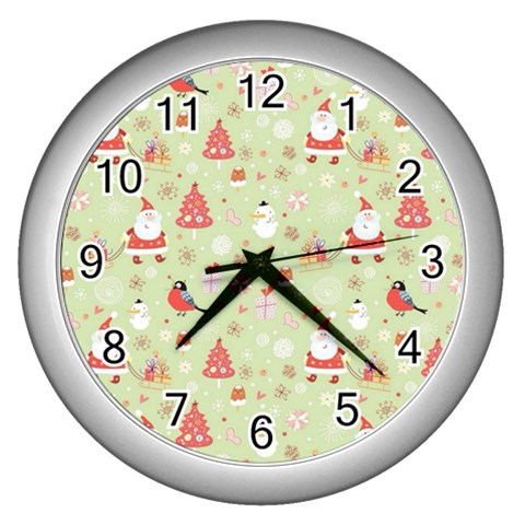 Christmas Pattern, Christmas Tree, Santa Wall Clock (Silver) from ArtsNow.com Front