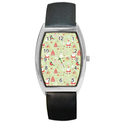 Christmas Pattern, Christmas Tree, Santa Barrel Style Metal Watch from ArtsNow.com Front