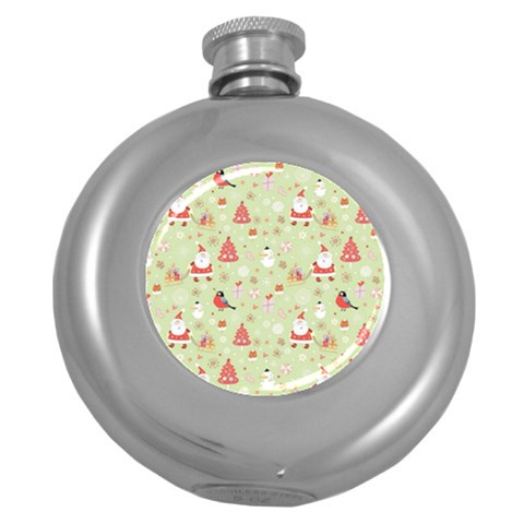 Christmas Pattern, Christmas Tree, Santa Round Hip Flask (5 oz) from ArtsNow.com Front