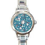 Christmas Pattern, Pattern, Christmas, Santa, Blue Round Italian Charm Watch