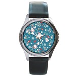 Christmas Pattern, Pattern, Christmas, Santa, Blue Round Metal Watch