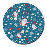 Christmas Pattern, Pattern, Christmas, Santa, Blue Round Mousepad