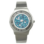 Christmas Pattern, Pattern, Christmas, Santa, Blue Stainless Steel Watch