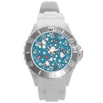 Christmas Pattern, Pattern, Christmas, Santa, Blue Round Plastic Sport Watch (L)