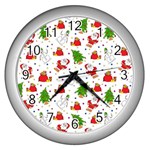 Christmas Pattern, Pattern, Christmas, Trees, Santa Wall Clock (Silver)