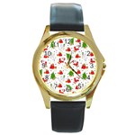 Christmas Pattern, Pattern, Christmas, Trees, Santa Round Gold Metal Watch