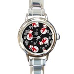 Christmas Texture, Retro Background With Snowmen Round Italian Charm Watch