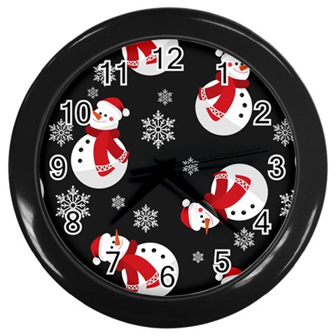 Christmas Texture, Retro Background With Snowmen Wall Clock (Black) from ArtsNow.com Front