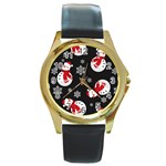 Christmas Texture, Retro Background With Snowmen Round Gold Metal Watch