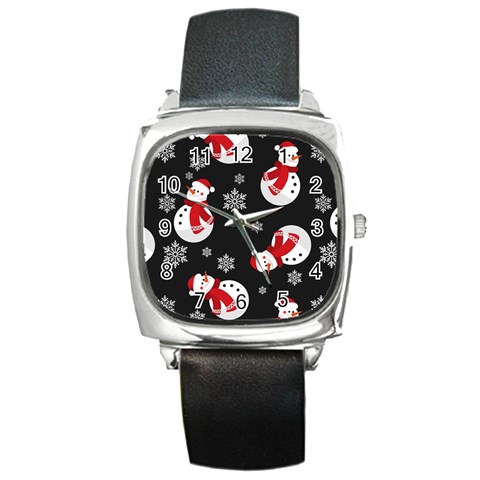 Christmas Texture, Retro Background With Snowmen Square Metal Watch from ArtsNow.com Front