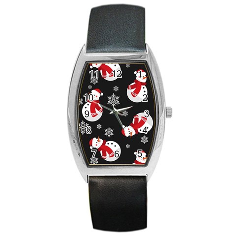 Christmas Texture, Retro Background With Snowmen Barrel Style Metal Watch from ArtsNow.com Front