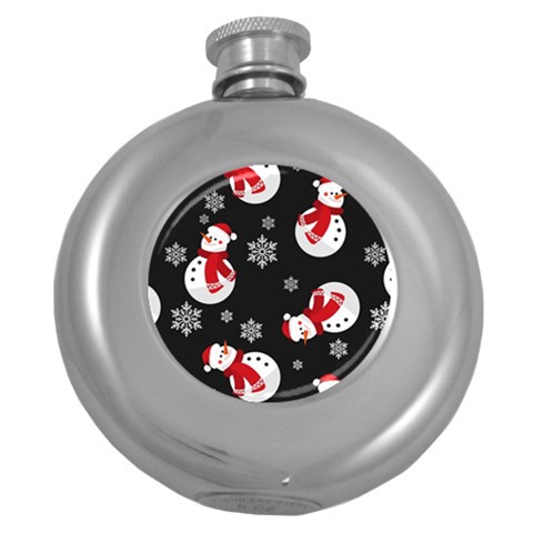 Christmas Texture, Retro Background With Snowmen Round Hip Flask (5 oz) from ArtsNow.com Front