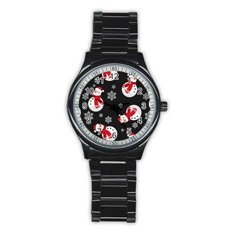 Christmas Texture, Retro Background With Snowmen Stainless Steel Round Watch from ArtsNow.com Front