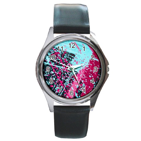 Colorful Splashes Grunge, Abstract Art Round Metal Watch from ArtsNow.com Front