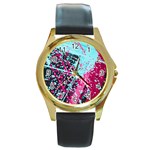 Colorful Splashes Grunge, Abstract Art Round Gold Metal Watch