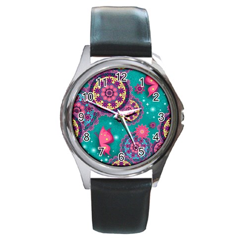 Floral Pattern, Abstract, Colorful, Flow Round Metal Watch from ArtsNow.com Front