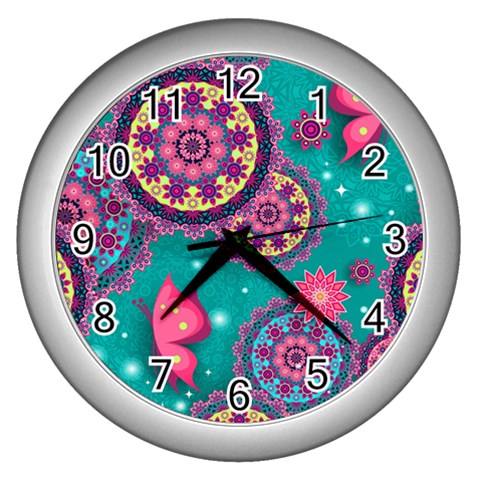 Floral Pattern, Abstract, Colorful, Flow Wall Clock (Silver) from ArtsNow.com Front