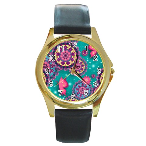 Floral Pattern, Abstract, Colorful, Flow Round Gold Metal Watch from ArtsNow.com Front