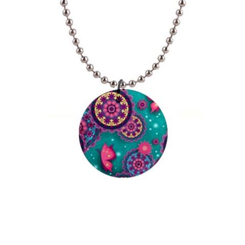 Floral Pattern, Abstract, Colorful, Flow 1  Button Necklace from ArtsNow.com Front