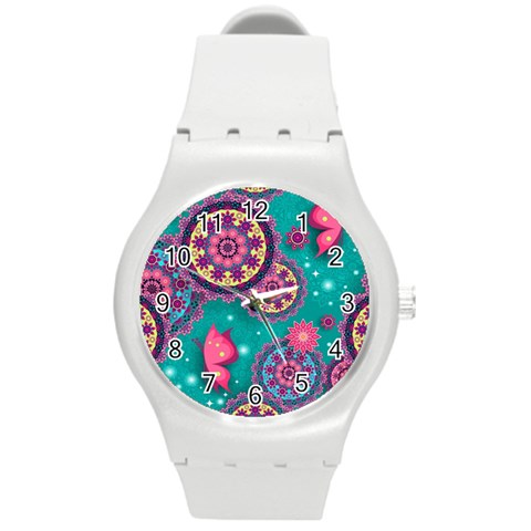 Floral Pattern, Abstract, Colorful, Flow Round Plastic Sport Watch (M) from ArtsNow.com Front