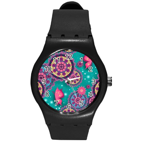 Floral Pattern, Abstract, Colorful, Flow Round Plastic Sport Watch (M) from ArtsNow.com Front