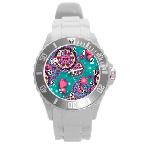 Floral Pattern, Abstract, Colorful, Flow Round Plastic Sport Watch (L) from ArtsNow.com Front