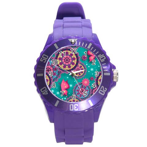 Floral Pattern, Abstract, Colorful, Flow Round Plastic Sport Watch (L) from ArtsNow.com Front