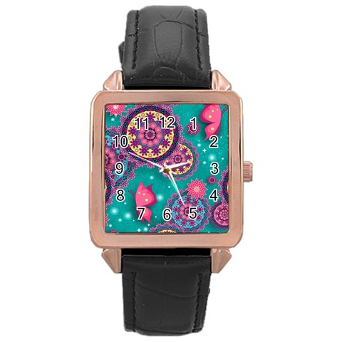 Floral Pattern, Abstract, Colorful, Flow Rose Gold Leather Watch  from ArtsNow.com Front