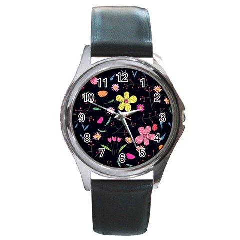 Foliage Pattern, Adorable Beautiful Round Metal Watch from ArtsNow.com Front