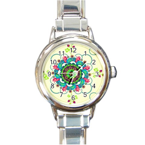 Mandala Flowers, Abstract, Butterflies, Floral, Pattern Round Italian Charm Watch from ArtsNow.com Front