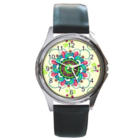 Mandala Flowers, Abstract, Butterflies, Floral, Pattern Round Metal Watch from ArtsNow.com Front