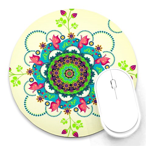 Mandala Flowers, Abstract, Butterflies, Floral, Pattern Round Mousepad from ArtsNow.com Front