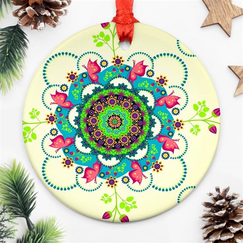 Mandala Flowers, Abstract, Butterflies, Floral, Pattern Ornament (Round) from ArtsNow.com Front