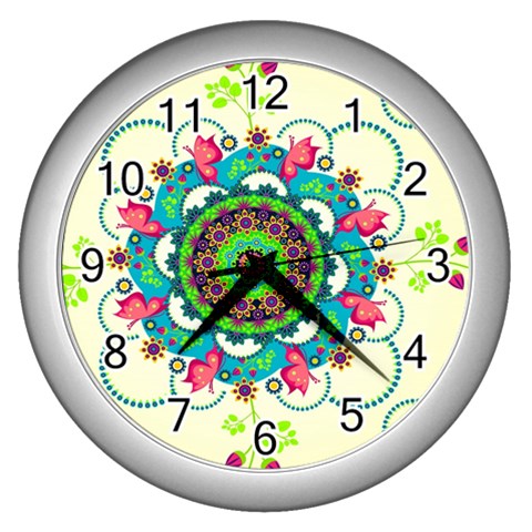 Mandala Flowers, Abstract, Butterflies, Floral, Pattern Wall Clock (Silver) from ArtsNow.com Front