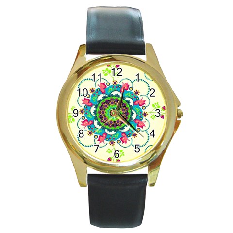 Mandala Flowers, Abstract, Butterflies, Floral, Pattern Round Gold Metal Watch from ArtsNow.com Front