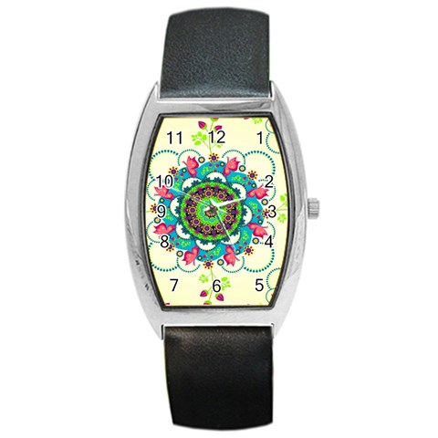 Mandala Flowers, Abstract, Butterflies, Floral, Pattern Barrel Style Metal Watch from ArtsNow.com Front