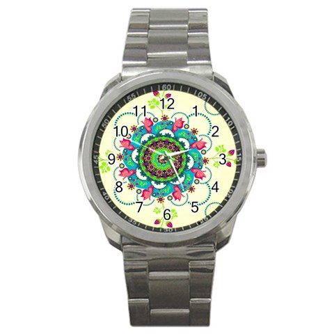 Mandala Flowers, Abstract, Butterflies, Floral, Pattern Sport Metal Watch from ArtsNow.com Front