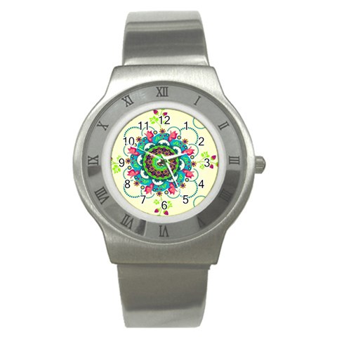 Mandala Flowers, Abstract, Butterflies, Floral, Pattern Stainless Steel Watch from ArtsNow.com Front