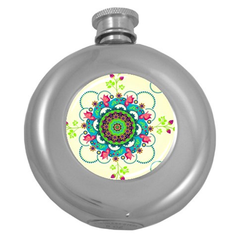 Mandala Flowers, Abstract, Butterflies, Floral, Pattern Round Hip Flask (5 oz) from ArtsNow.com Front