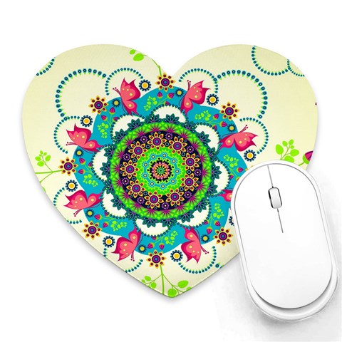 Mandala Flowers, Abstract, Butterflies, Floral, Pattern Heart Mousepad from ArtsNow.com Front