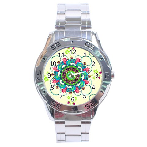 Mandala Flowers, Abstract, Butterflies, Floral, Pattern Stainless Steel Analogue Watch from ArtsNow.com Front